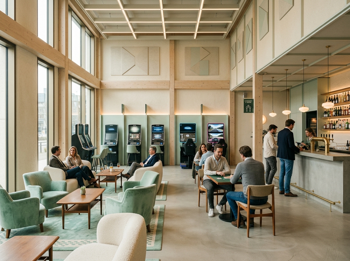 Verzorgde zithoek en speelvloer in een moderne speelhal